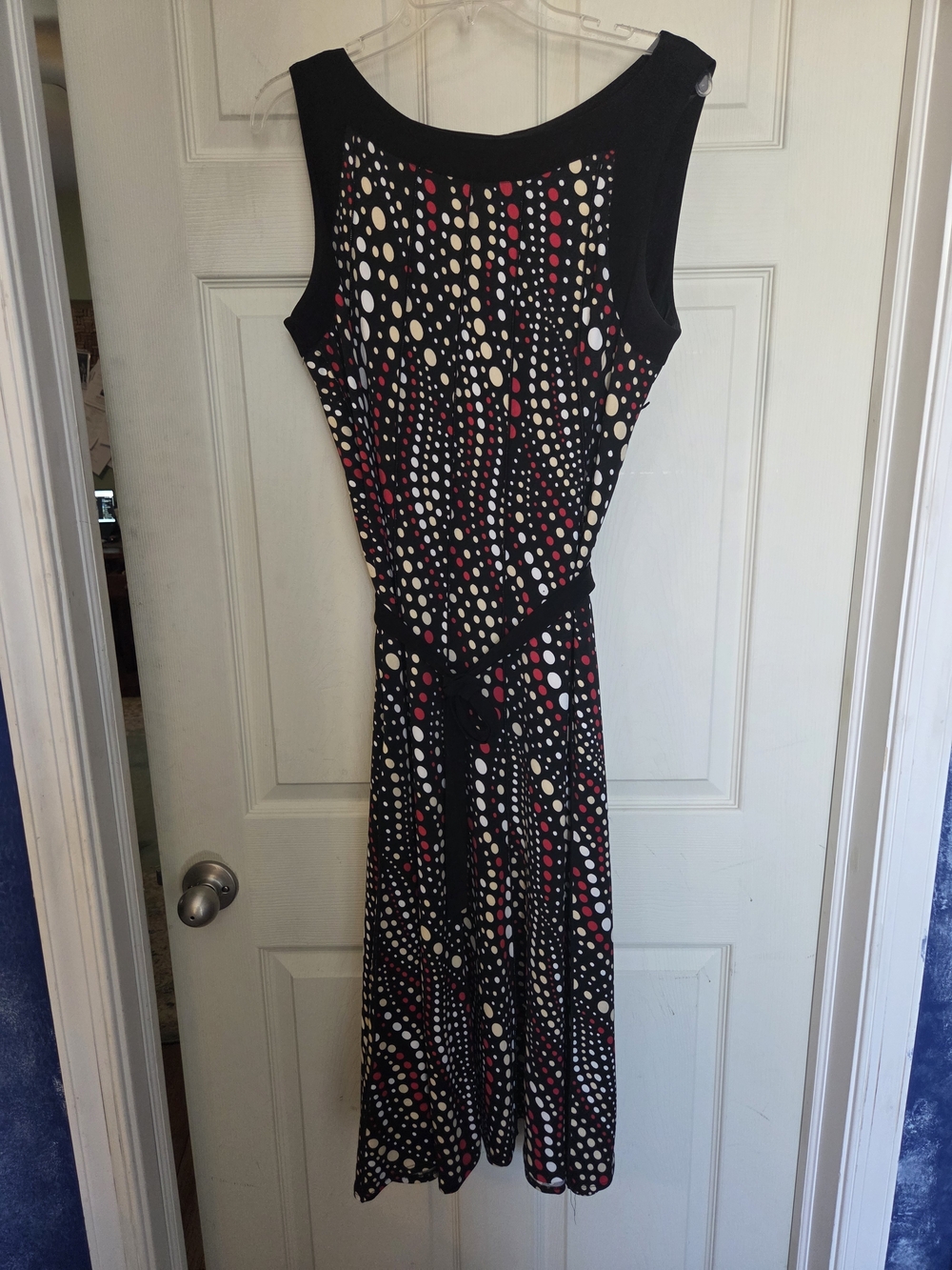 Perceptions Swing Midi Dress Black with Red, White and Cream Swirled Dot Print